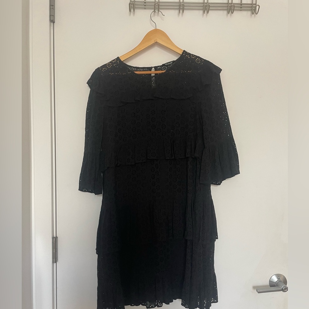 Madewell Black Midi Tiered Eyelet Lace Dress